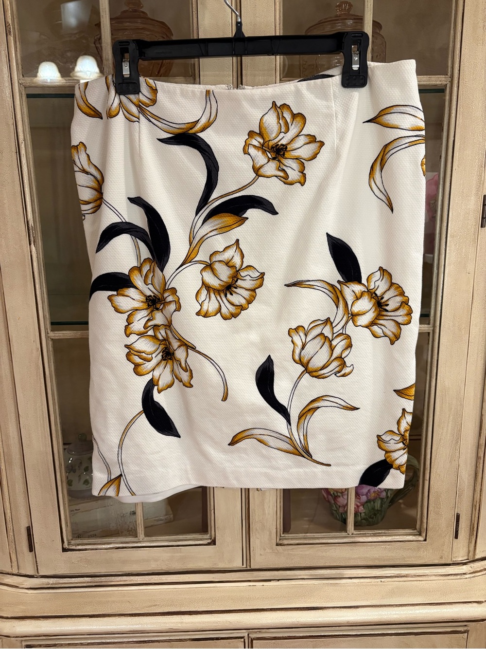 White House Black Market White Pencil Skirt with Mustard & Black Floral Print